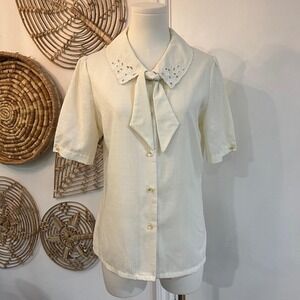 Vintage Rhapsody Cream Tie Neck Blouse Peter Pan Collar Lace Cottagecore M